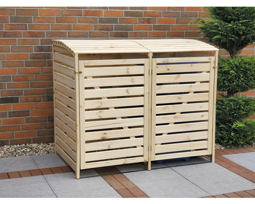 Doppel-Mülltonnenbox aus Holz mit Lattenstruktur