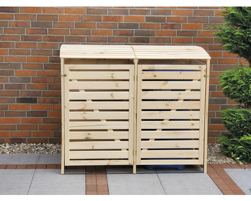 Doppelter Mülltonnenbox aus Holz mit Lamellentüren für zwei Mülltonnen