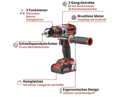 Einhell Akku-Schlagbohrschrauber mit 2-Gang-Getriebe, Schnellspannbohrfutter und Zusatzhandgriff