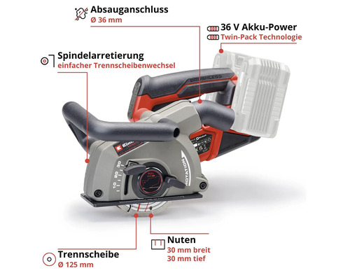 Einhell Mauernutfräse mit 36 Volt Akku, Twin-Pack Technologie und 125 Millimeter Trennscheibe.