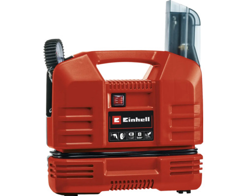 Einhell Logo. Roter Einhell Kompressor mit Manometer und Tragegriff