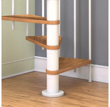 Detailansicht einer Wendeltreppe mit Holzstufen und weißem Geländer.