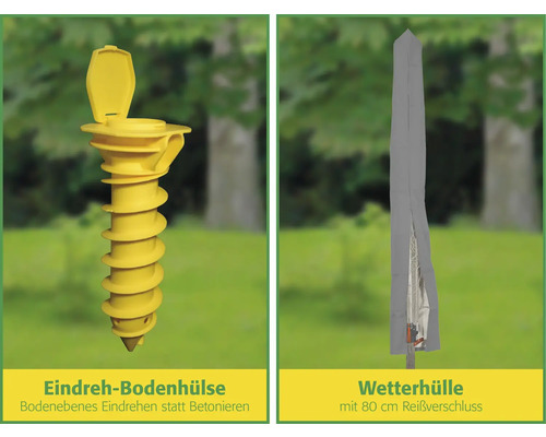 Abbildung einer Eindreh-Bodenhülse und einer Wetterhülle für Sonnenschirme.