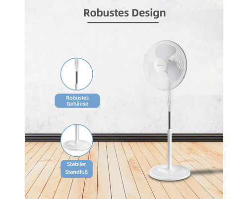 Weißer Standventilator mit robustem Gehäuse und stabilem Standfuß