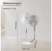 Abbildung eines Standventilators mit Angabe der Maße.
