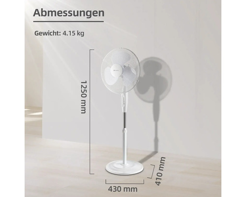 Abbildung eines Standventilators mit Angabe der Maße.