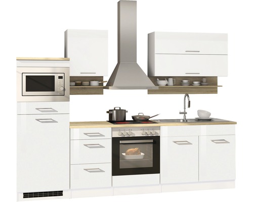 Küchenzeile mit Hängeschränken, Dunstabzugshaube, Spüle und Einbaugeräten