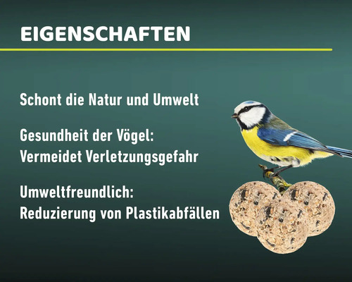 Eigenschaften des Vogelfutters: Schont die Natur, Gesundheit der Vögel, Vermeidet Verletzungsgefahr, Reduzierung von Plastikabfällen