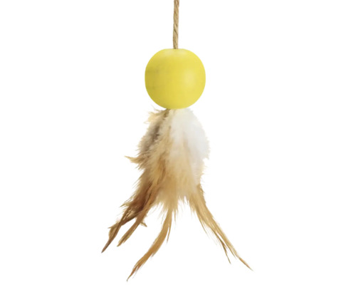 Katzenspielzeug mit Ball und Federn an einer Schnur