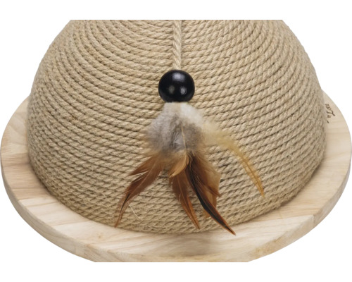 Katzenkratzbaum mit Juteseil und Federn auf Holzsockel