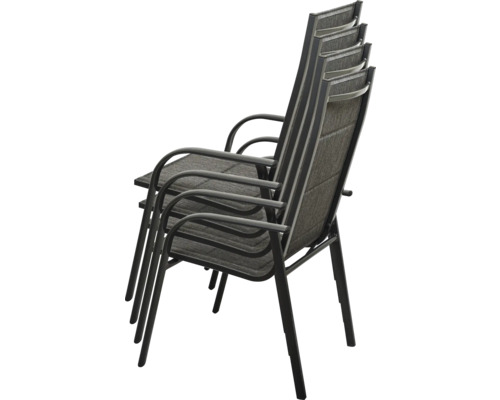 Stapelbare Gartenstühle aus Metall und Textilgewebe, vier Stück