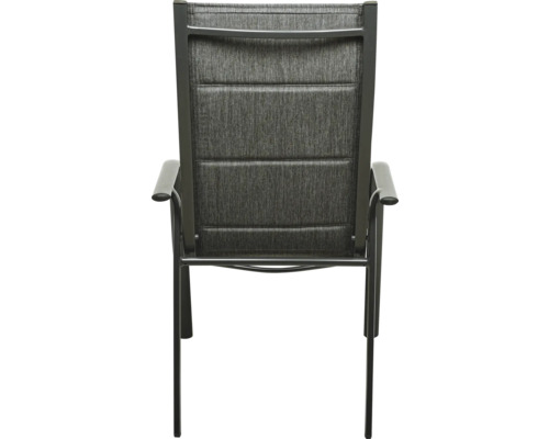 Rückansicht eines Gartenstuhls mit Armlehnen und Textilbespannung