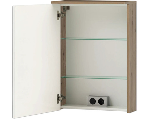 Geöffneter Spiegelschrank mit zwei Glasböden und Steckdosenelement