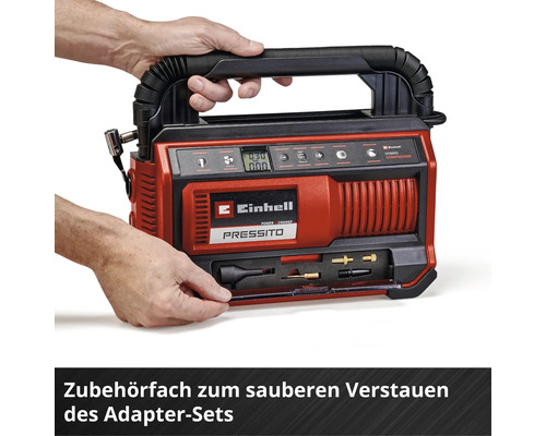 Einhell Pressito 18/21 Akku-Kompressor mit Zubehörfach für Adapter