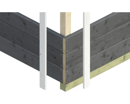 Detailansicht einer Gartenhaus-Ecke mit Holzverkleidung und Rahmen