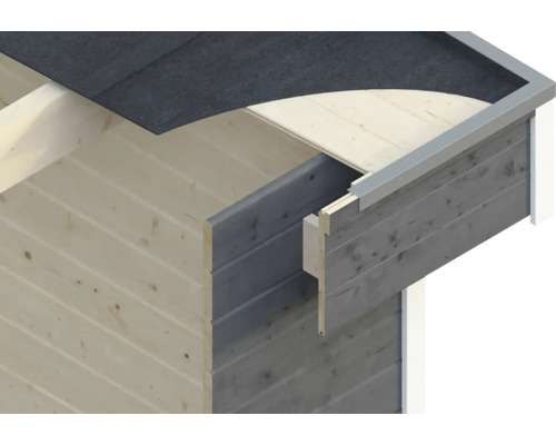 Detailansicht eines Gartenhauses mit Holzkonstruktion und Dachpappe