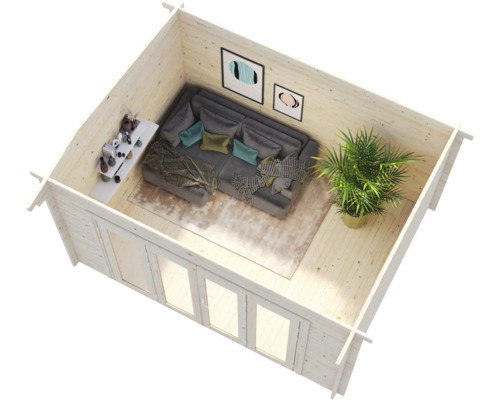 Innenansicht eines hellen Gartenhauses mit Sofa, Tisch und Zimmerpflanze