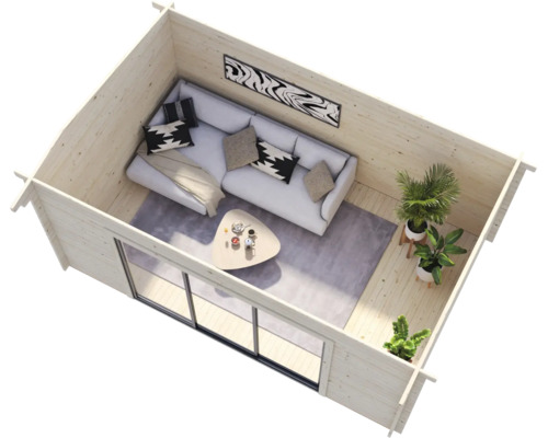 Helles Holzhaus mit Wohnbereich, Sofa, Tisch und Pflanzen