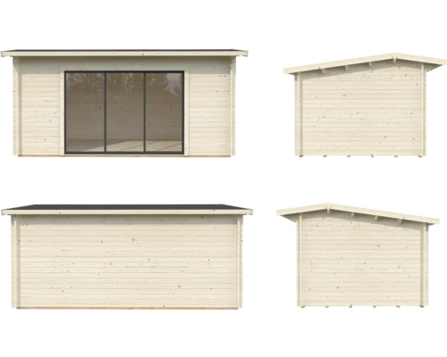 Mehransicht eines Gartenhauses aus Holz mit Schiebetür