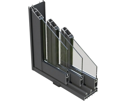 Schnittansicht eines Schiebefensters mit Rahmen und Verglasung