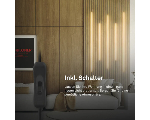 Wohnzimmer mit Wandpaneelen und integrierter Beleuchtung inklusive Schalter