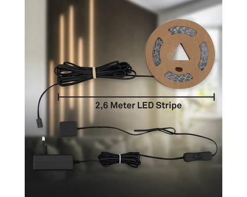 2,6 Meter LED Streifen mit Stromkabel, Netzteil und Schalter