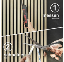 Illustration der Montage einer LED-Leiste: Messen mit einem Gliedermaßstab und Schneiden mit einer Schere.
