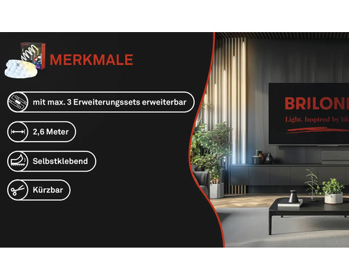 Merkmale des LED Stripes: Erweiterbar mit maximal 3 Erweiterungssets, 2,6 Meter Länge, selbstklebend, kürzbar.