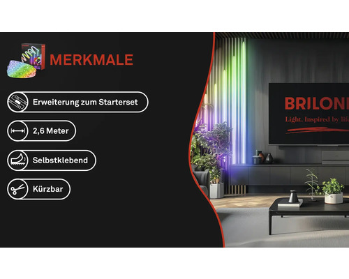 Produktmerkmale der Lichtleiste: Erweiterung zum Starterset, 2,6 Meter Länge, selbstklebend und kürzbar.