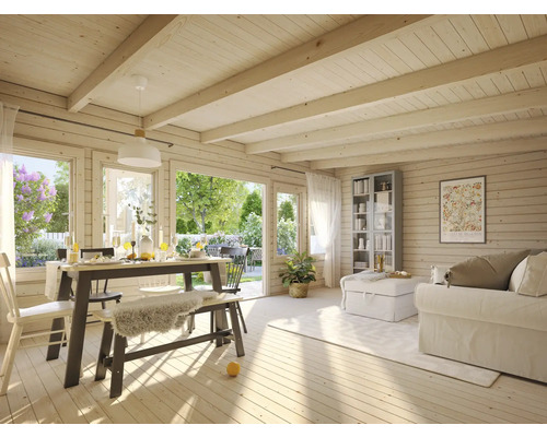 Helles Wohnzimmer mit Holzwänden, Esstisch und Sitzbereich