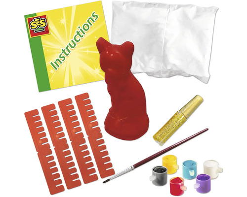 Kreativset zum Gießen und Bemalen einer Katzenfigur mit Anleitung, Farben, Pinsel und Glitzerstift.