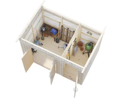 Draufsicht eines Holzgartenhauses mit Werkzeugen und Gartenzubehör