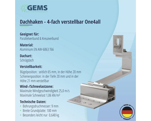 Dachhaken aus Aluminium, vierfach verstellbar für Schrägdächer.