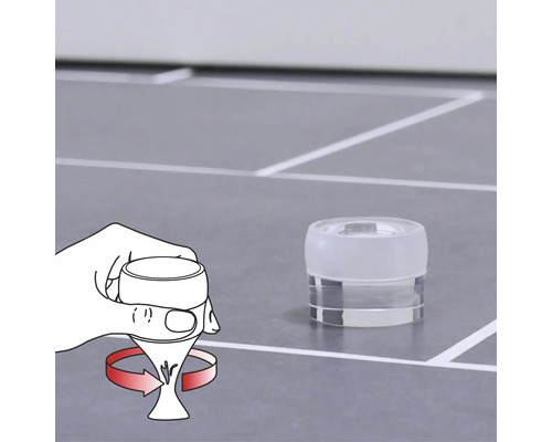 Illustration einer Hand, die einen transparenten Möbelgleiter auf dem Boden befestigt