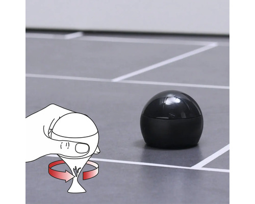 Schwarzer Roboterball mit schematischer Darstellung der Aktivierung durch Drehung