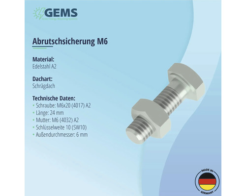 Abrutschsicherung M6 aus Edelstahl A2 für Schrägdächer