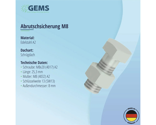 Abrutschsicherung M8 aus Edelstahl A2 für Schrägdächer