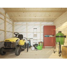 Gartenschuppen Innenansicht mit Rasentraktor, Schrank und Grill
