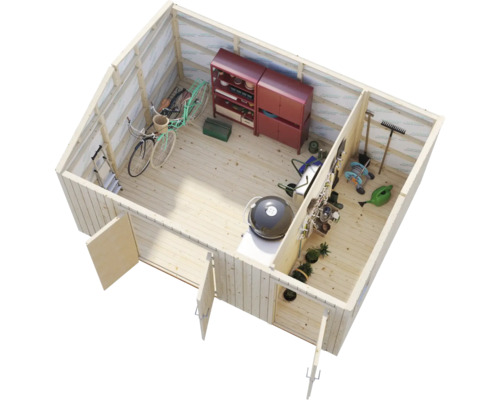 Draufsicht eines Gerätehauses mit Fahrrädern, Regalen und Gartengeräten.