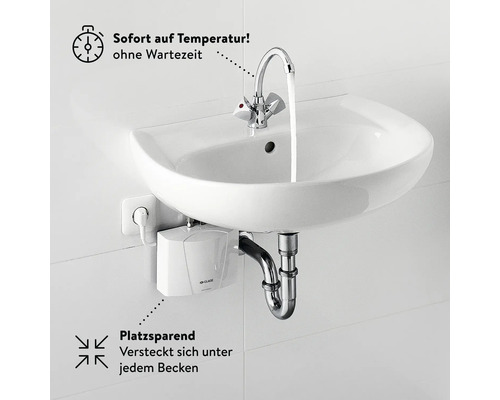 Waschbecken mit Armatur und Warmwasserbereiter für sofortiges warmes Wasser ohne Wartezeit. Platzsparende Lösung für jedes Badezimmer.