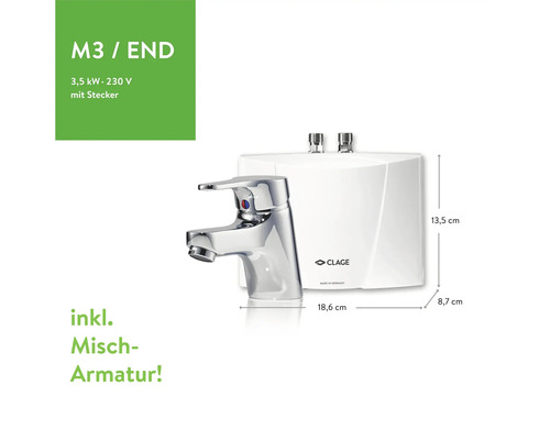 Kleine Durchlauferhitzerarmatur inklusive Mischbatterie mit Maßangaben