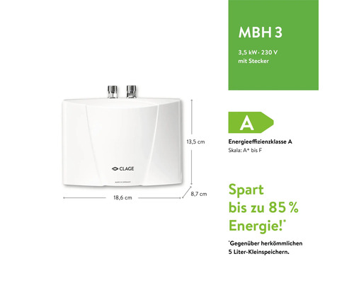 Clage MBH 3 Boiler mit den Massen 13,5 x 18,6 x 8,7 cm und Energieeffizienzklasse A
