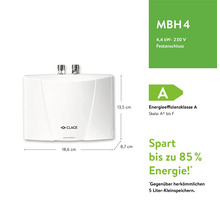 Clage Kleinspeicher MBH 4 mit den Massen 13,5 cm Höhe, 18,6 cm Breite und 8,7 cm Tiefe