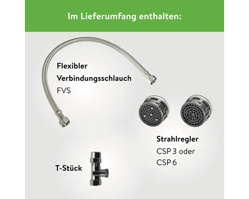 Lieferumfang mit flexiblem Verbindungsschlauch, T-Stück und Strahlregler.
