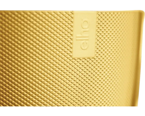 Detailaufnahme eines goldenen Pflanzgefäßes mit Rautenmuster und Elho Logo