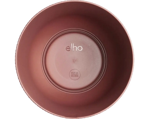 Elho Logo auf einem runden Pflanzgefäß mit dem Symbol 100 Prozent recycelt.