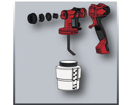 Explosionszeichnung einer Farbspritzpistole mit Zubehör.
