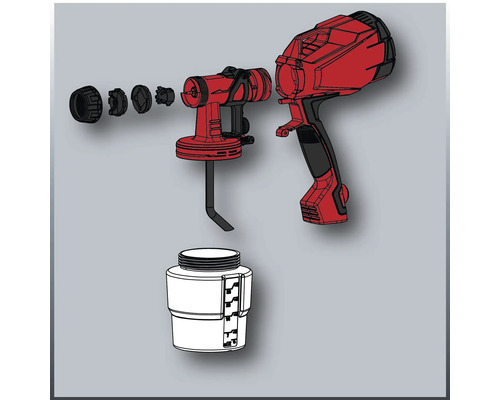 Explosionszeichnung einer Farbspritzpistole mit Zubehör und Farbbehälter