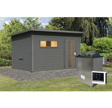 Saunahaus Karibu Talos 6 inkl. 9 KW Ofen u.ext.Steuerung mit Vorraum und Holztür und Isolierglas terragrau