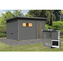 Saunahaus Karibu Talos 6 inkl. 9 kW Bio Ofen u.ext. Steuerung mit Vorraum und bronzierter Ganzglastüre terragrau